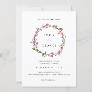 PINK CHERRY BLOSSOM FLORAL WREATH WEDDING INVITE BEDANKKAART