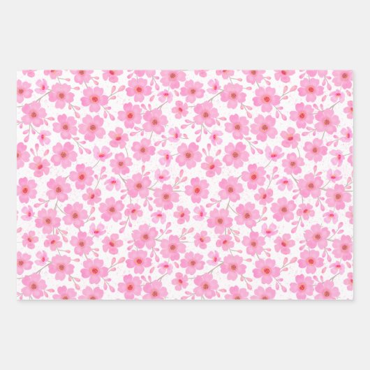 Pink Cherry Blossom Flowers Waterverf Patroon Inpakpapier Vel (Voorkant 3)