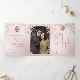 Pink Cherry Blossom   Foto Chinese bruiloft Drieluik Uitnodiging