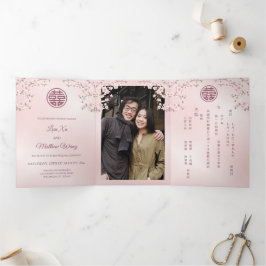 Pink Cherry Blossom | Foto Chinese bruiloft Drieluik Uitnodiging