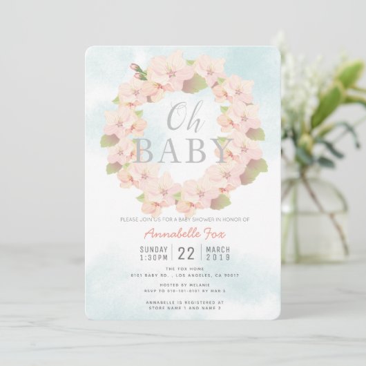 Pink Cherry Blossom Krans Oh Baby shower Kaart (Staand voorkant)
