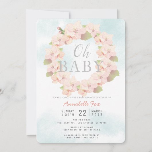 Pink Cherry Blossom Krans Oh Baby shower Kaart (Voorkant)