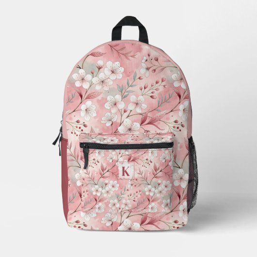 Pink cherry blossom monogram bedrukte rugzak (Voorkant)