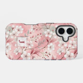 Pink cherry blossom monogram iPhone 16 hoesje (Achterkant horizontaal)