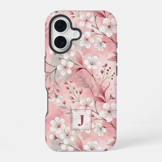 Pink cherry blossom monogram iPhone 16 hoesje (Achterkant)