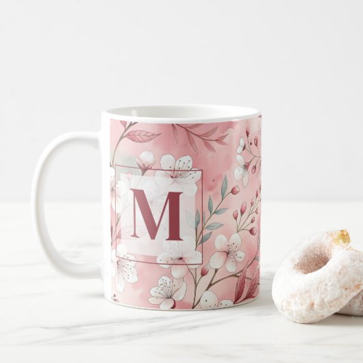 Pink cherry blossom monogram koffiemok (Met donut)