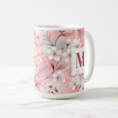 Pink cherry blossom monogram koffiemok (Voorkant rechts)