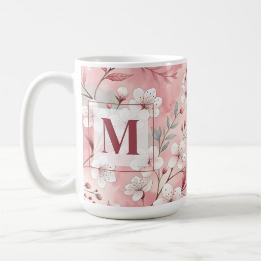 Pink cherry blossom monogram koffiemok (Links)
