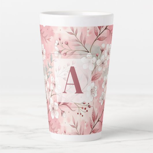 Pink cherry blossom monogram latte mok (Voorkant)