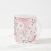 Pink cherry blossom monogram matglas koffiemok (Voorkant rechts)