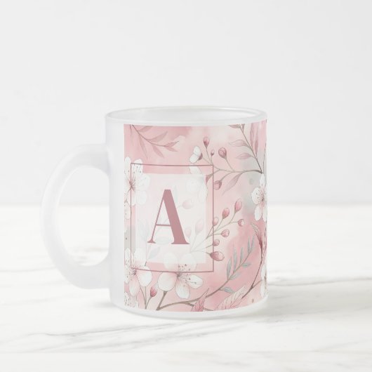 Pink cherry blossom monogram matglas koffiemok (Links)