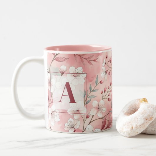 Pink cherry blossom monogram tweekleurige koffiemok (Met donut)