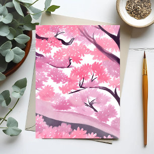 Pink Cherry Blossom Natuur Waterverf Briefkaart
