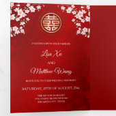 Pink Cherry Blossom Red | Foto Chinese bruiloft Drieluik Uitnodiging (Binnenzijde eerst)