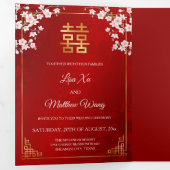 Pink Cherry Blossom Red | Photo Chinese Wedding Drieluik Uitnodiging (Binnenzijde eerst)
