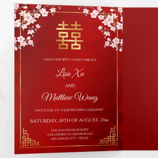 Pink Cherry Blossom Red | Photo Chinese Wedding Drieluik Uitnodiging (Binnenzijde eerst)