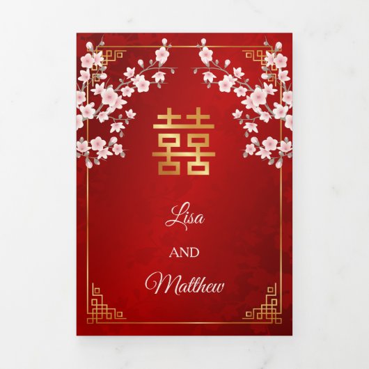 Pink Cherry Blossom Red | Photo Chinese Wedding Drieluik Uitnodiging (Cover)