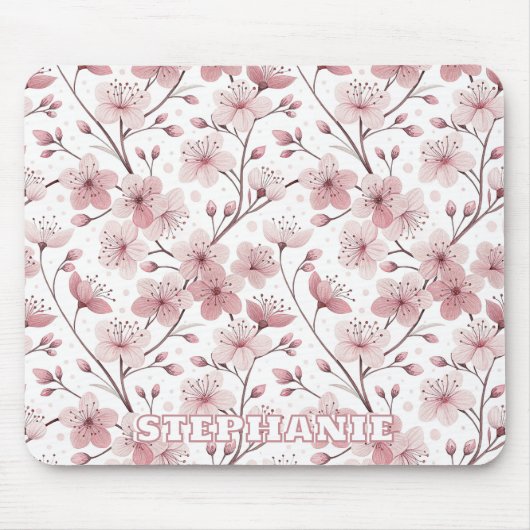 Pink Cherry Blossom Sakura Pattern on White (2) Muismat (Voorkant)