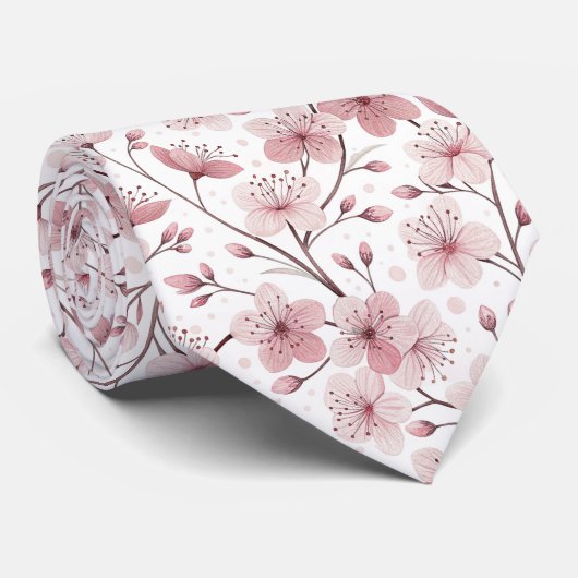 Pink Cherry Blossom Sakura Pattern on White (2) Stropdas (Opgerold)