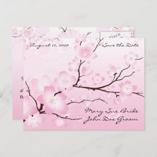 Pink Cherry Blossom Save the Date Briefkaarten (Voorkant / Achterkant)