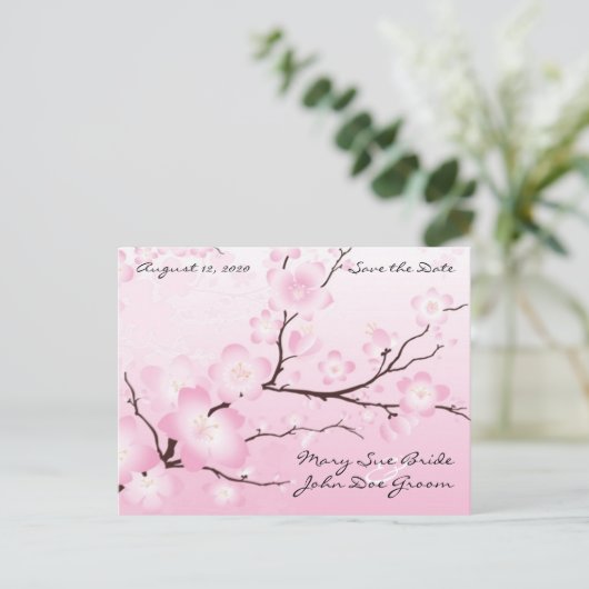 Pink Cherry Blossom Save the Date Briefkaarten (Staand voorkant)