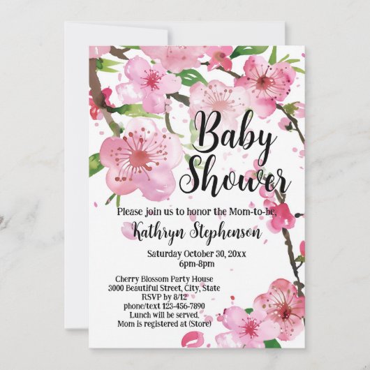 Pink Cherry Blossom Spring Floral Girl Baby Shower Kaart (Voorkant)