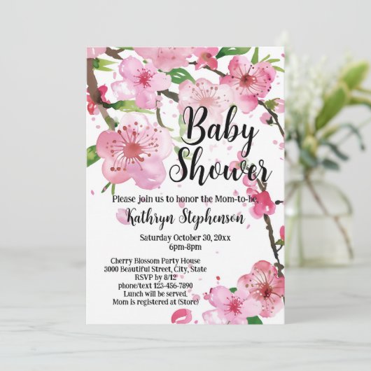 Pink Cherry Blossom Spring Floral Girl Baby Shower Kaart (Staand voorkant)