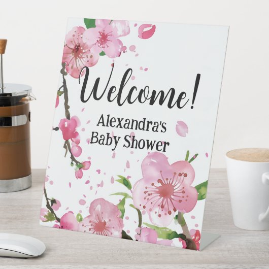 Pink Cherry Blossom Spring Floral Girl Baby Shower Reclamebord Met Voetstuk (Insitu)
