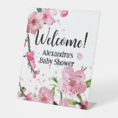 Pink Cherry Blossom Spring Floral Girl Baby Shower Reclamebord Met Voetstuk (Voorkant)