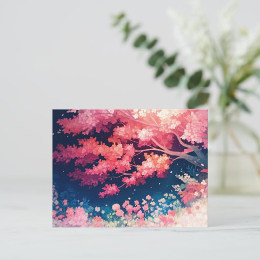 Pink Cherry Blossom Tree at Night Starry Sky Briefkaart (Staand voorkant)