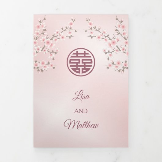 Pink Cherry Blossom | Tweetalig | Chinese bruiloft Drieluik Uitnodiging (Cover)