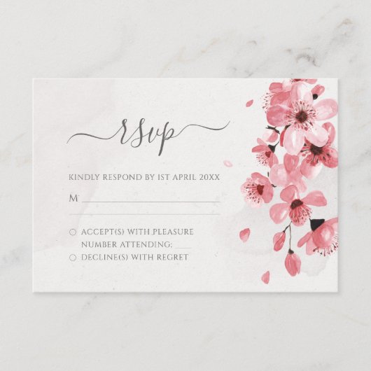 Pink Cherry Blossom Waterverf Floral Wedding RSVP Kaartje (Voorkant)