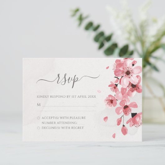 Pink Cherry Blossom Waterverf Floral Wedding RSVP Kaartje (Staand voorkant)