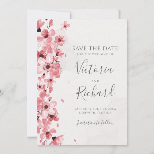 Pink Cherry Blossom Waterverf Floral Wedding Save The Date (Voorkant)
