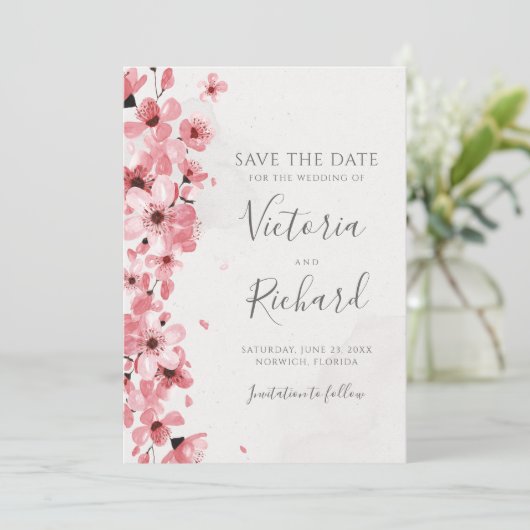 Pink Cherry Blossom Waterverf Floral Wedding Save The Date (Staand voorkant)