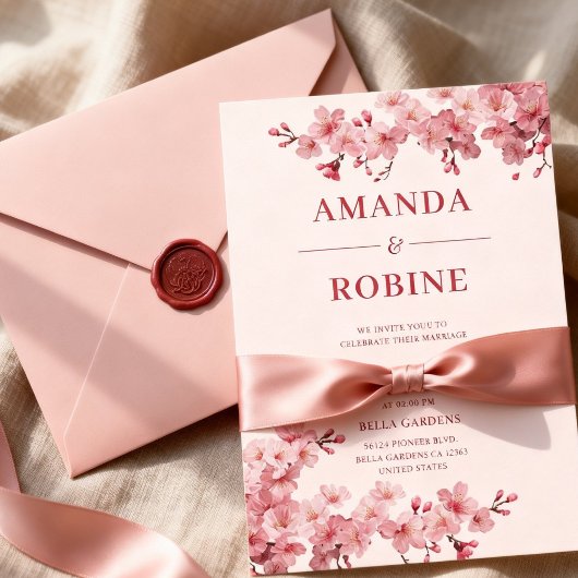 Pink Cherry Blossom Wedding Kaart