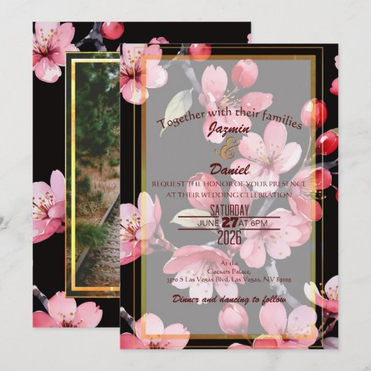 Pink Cherry Blossoms Black Photo Box Invitation Kaart (Voorkant / Achterkant)