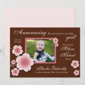 Pink Cherry Blossoms & Brown Geboorteaankondiginge Aankondiging (Voorkant / Achterkant)