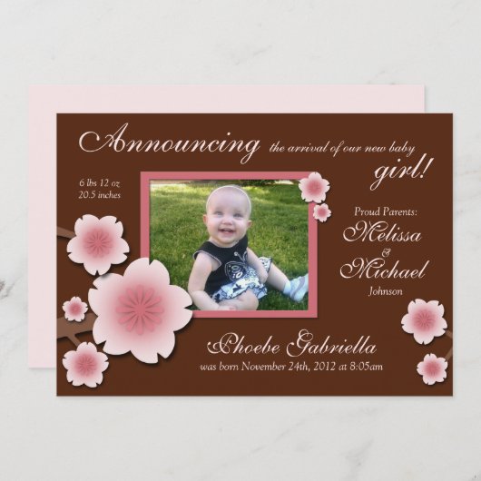 Pink Cherry Blossoms & Brown Geboorteaankondiginge Aankondiging (Voorkant / Achterkant)