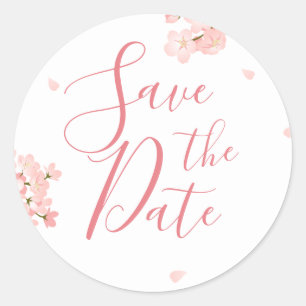 Pink Cherry Blossoms Bruiloft Save the Date Ronde Sticker