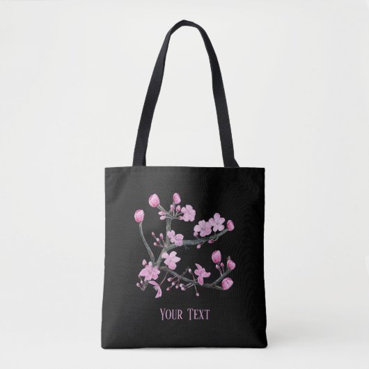 Pink Cherry Blossoms Gepersonaliseerd Zwart Tote Bag (Voorkant)