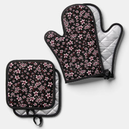 Pink Cherry Blossoms On Black Ovenwant & Pannenlap Set