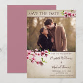 Pink Cherry Blossoms Tan Photo Save the Date (Voorkant / Achterkant)