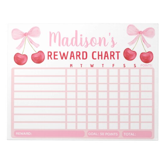 Pink Cherry Bow Girl Reward Chart Chore Chart Notitieblok (Voorkant)
