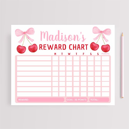 Pink Cherry Bow Girl Reward Chart Chore Chart Notitieblok