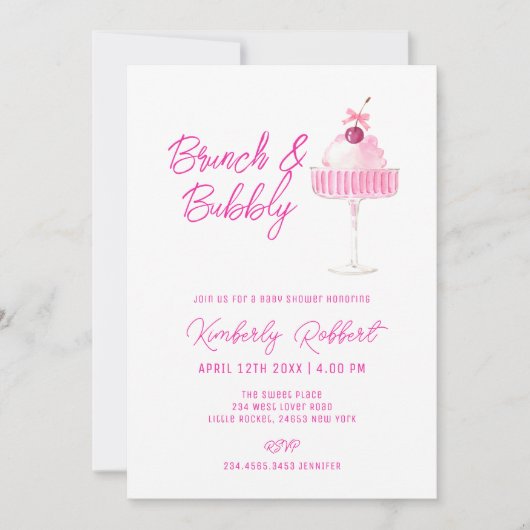 Pink Cherry Champagne Brunch Bubbly Baby shower Kaart (Voorkant)