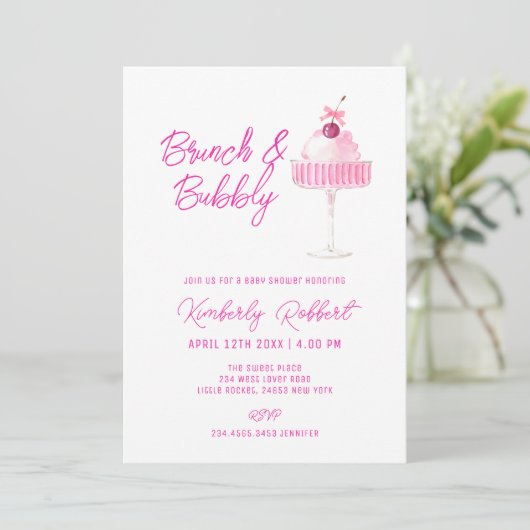 Pink Cherry Champagne Brunch Bubbly Baby shower Kaart (Staand voorkant)