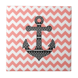 Pink Chevron Black Tribal Pattern Anchor Tegeltje