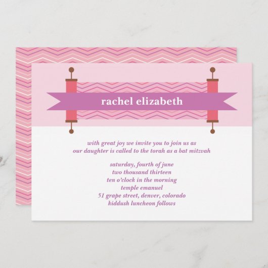 Pink Chevron Torah Bat Mitzvah Uitnodiging (Voorkant / Achterkant)