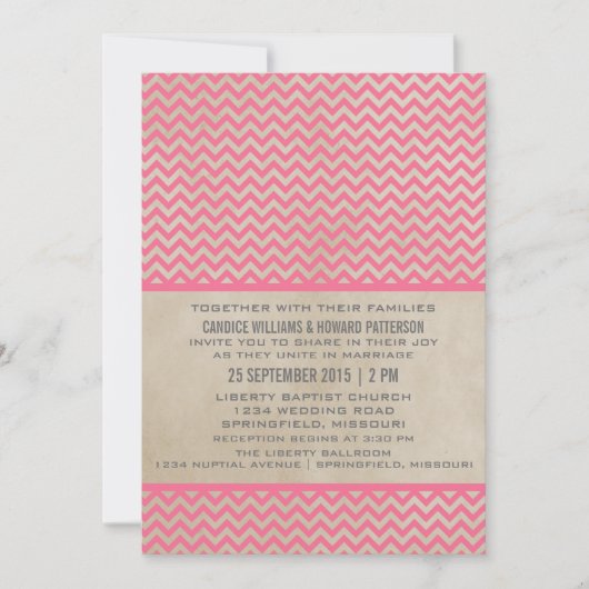 Pink Chic Chevron Wedding Invite Kaart (Voorkant)
